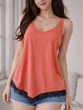 Orange Lace Trim V Neck Tank Top Size 12 Asymmetrical Hem
